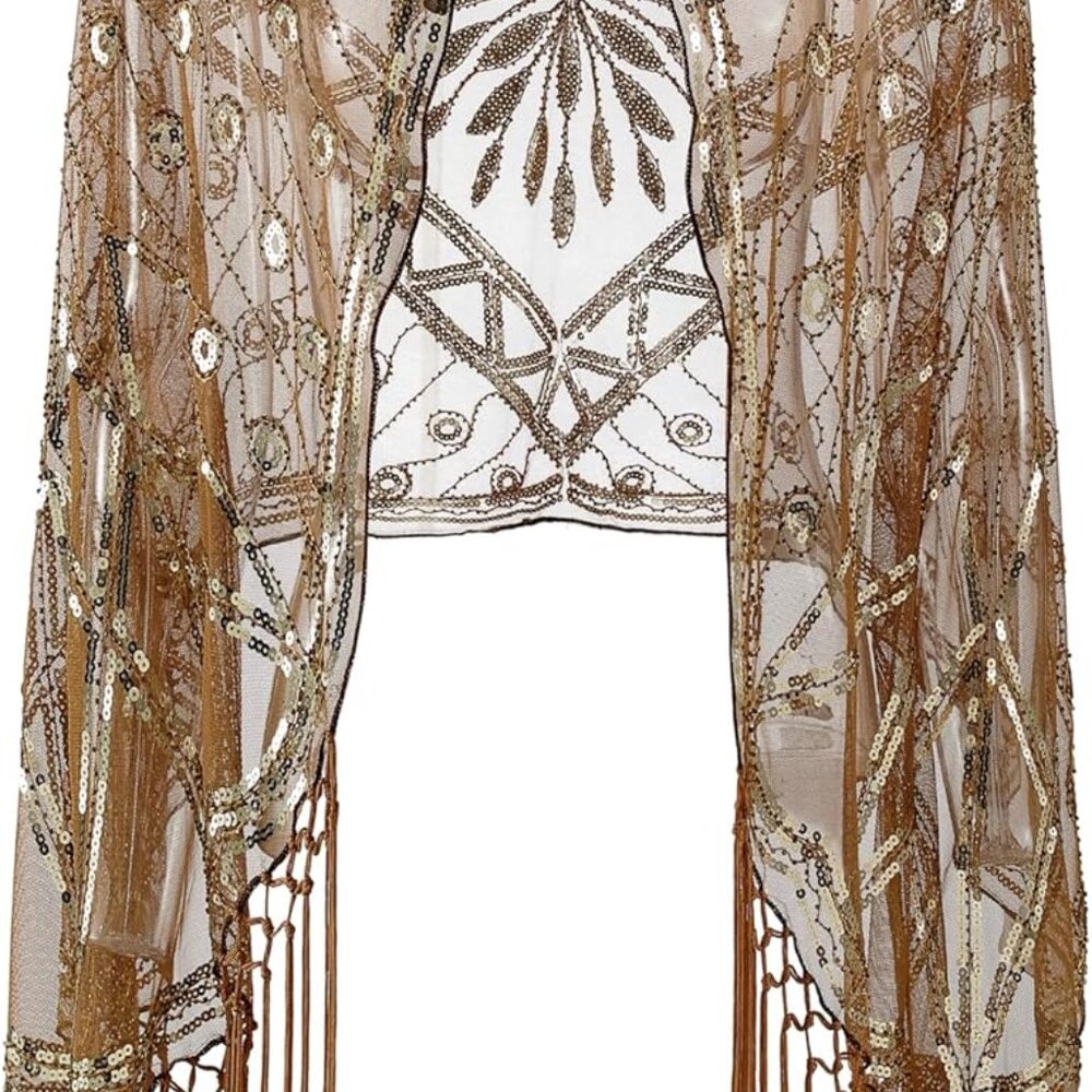 Women's 1920s Scarf Wraps Sequin Deco Fringed Wedding Cape Evening Shawl Vintage